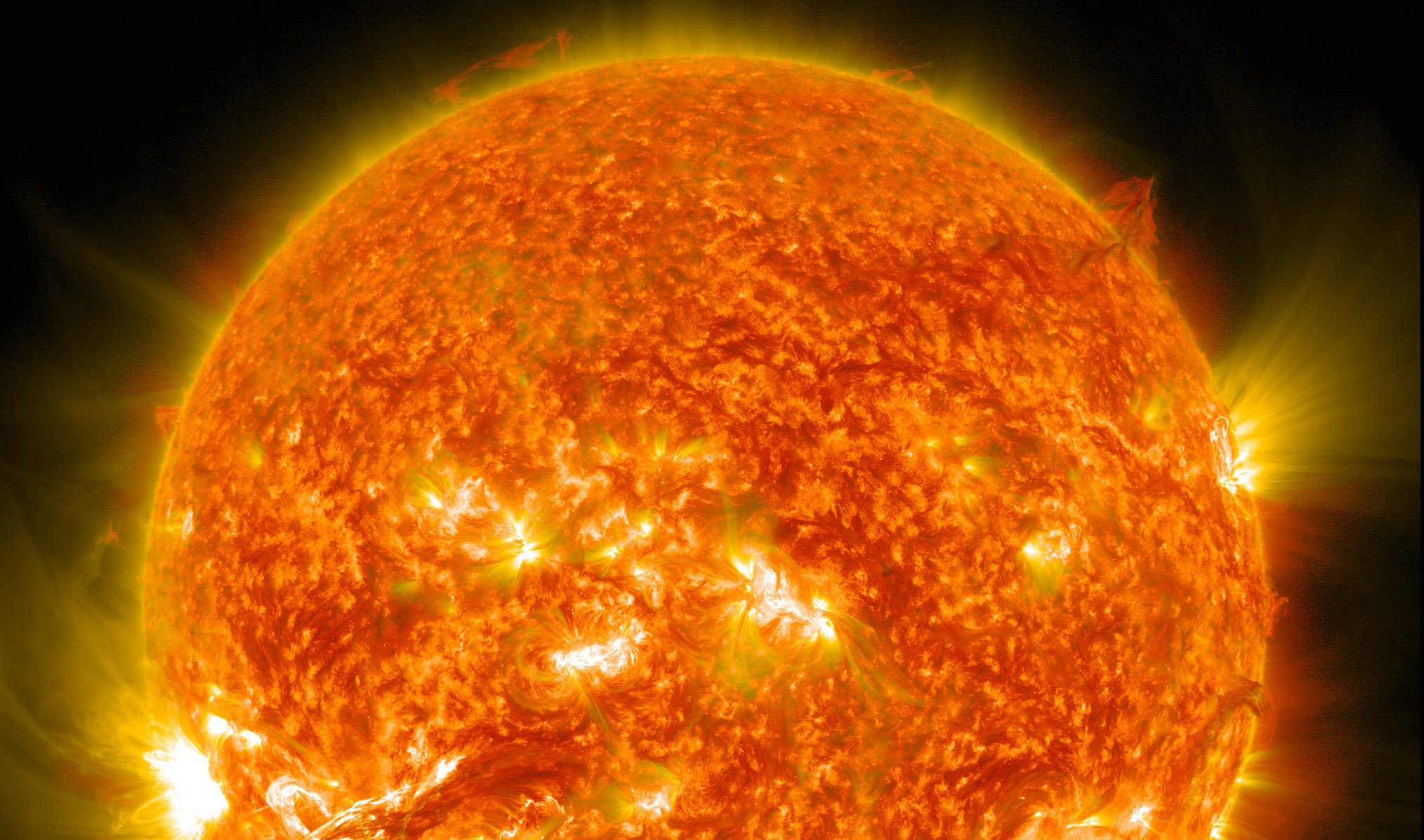 At the outermost edges of the sun's atmosphere the temperature rises to several million degrees Celsuis.
