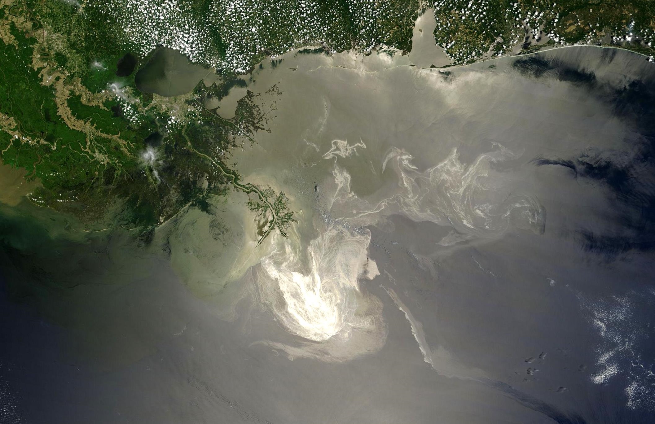 The lingering oil slick from DeepWater Horizon was imaged off the Mississippi Delta on May 24, 2010.