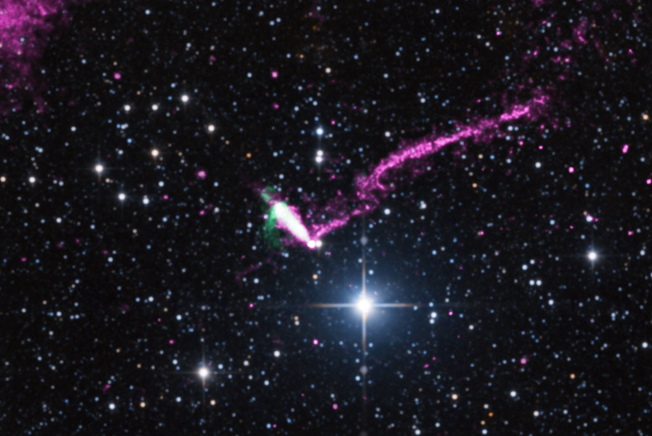 A pulsar moving at supersonic speeds about 23,000 light years from Earth.