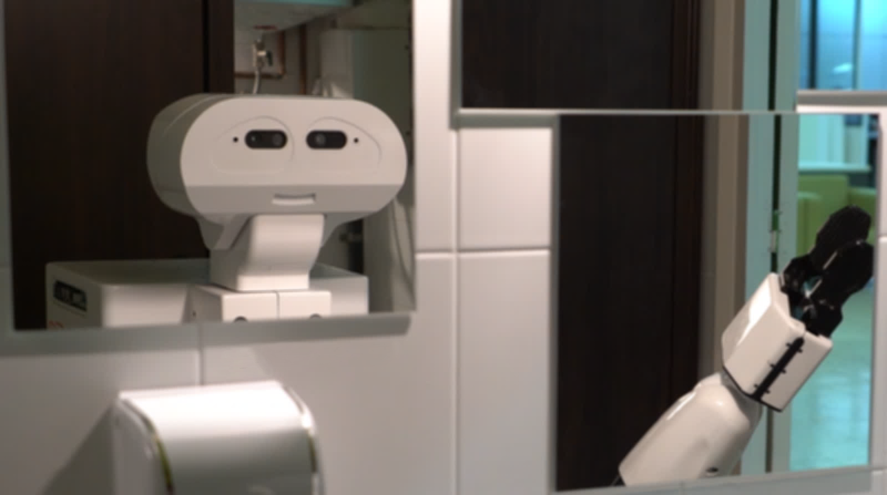 A robot 'recognises' itself in the bathroom mirror. Image credit - Pablo Lanillos