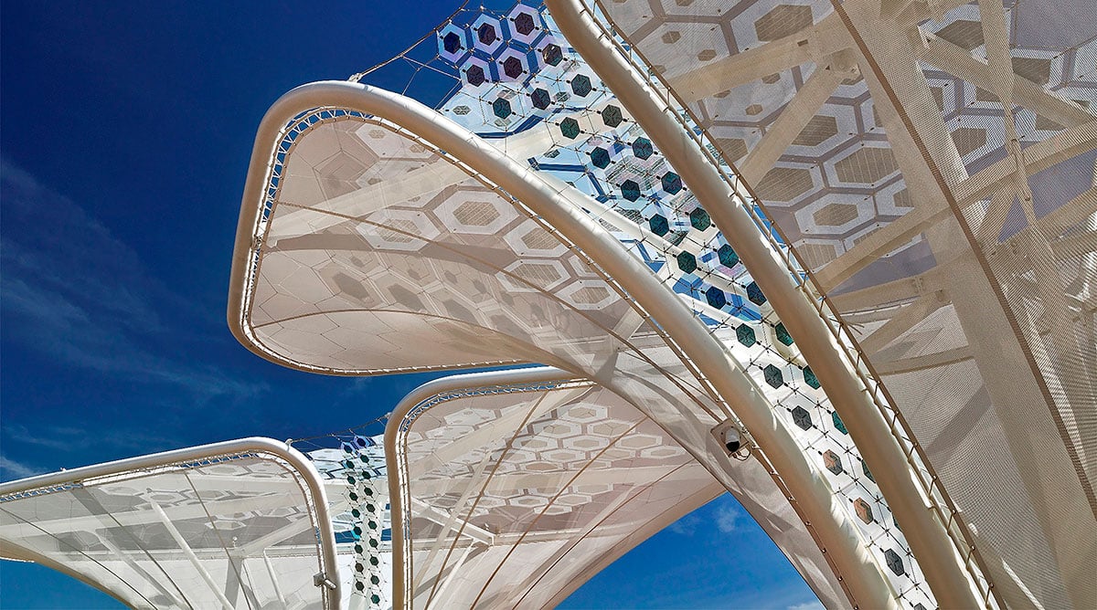 Organic 'solar trees', demonstrated at Expo 15 in Milan, Italy, give a glimpse of lightweight, flexible solar cells in action. Image credit - ARMOR/GerArchitektur